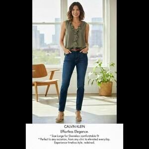 Calvin Klein Sleeveless Ruffle Front Top in Olive Green Sz L